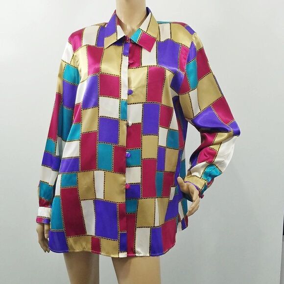 Christie and Jill Shirt Color Block Top Silky Fashion Blouse Chain Link - Picture 4 of 9